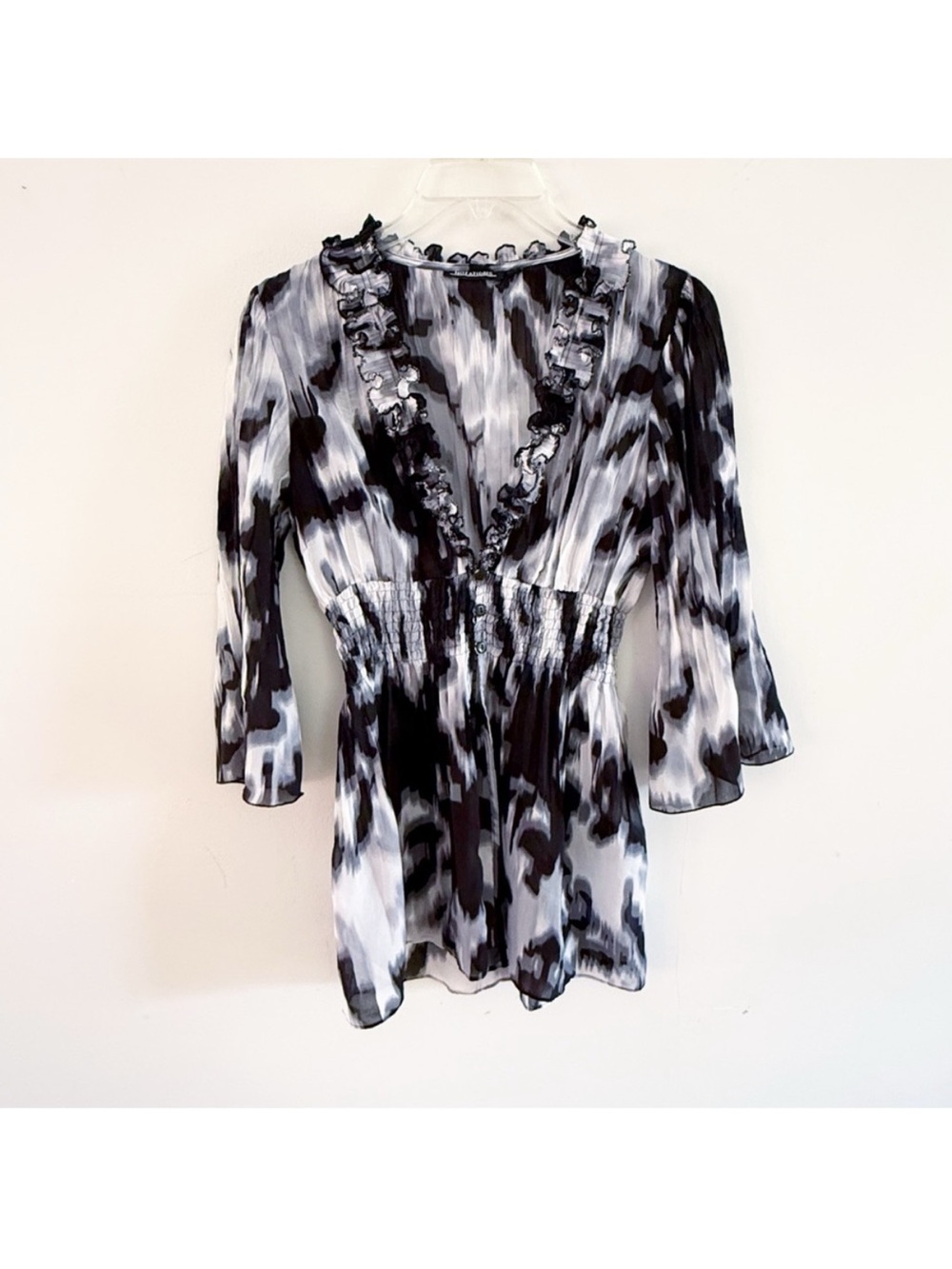 Vintage Women Y2K Sheer Ruffle Flare Sleeve Peplum Top Small Fairy Grunge Casual